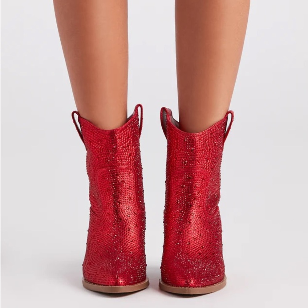 NEW Red Western Style Bedazzled Cowboy Ankle Boots - Picture 6 of 14